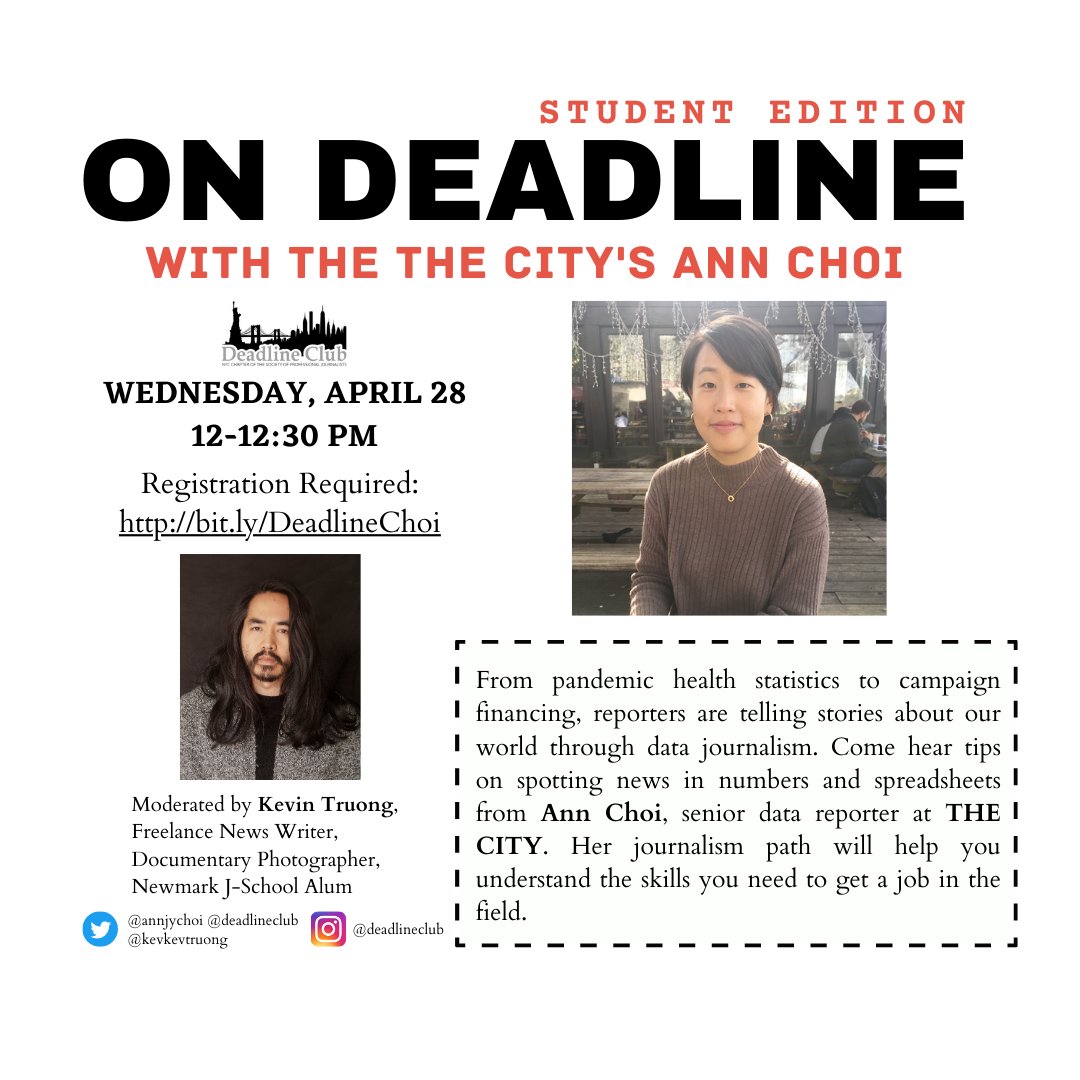 NYC College Journalists: Want to learn more about data journalism? RSVP for this @DeadlineClub 30min. Q&amp;A with <a href="/THECITYNY/">THE CITY</a> <a href="/annjychoi/">Ann Choi 최주연</a> for practical advice you can use to land your next internship/fellowship/job.  Wed. April 28 at Noon. RSVP required: bit.ly/DeadlineChoi