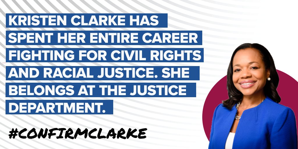 The Senate must swiftly act to confirm Kristen Clarke to lead the Civil Rights Division of the DOJ. Kristen’s confirmation will bring much needed change while civil liberties are under attack. It’s time to #ConfirmClarke.