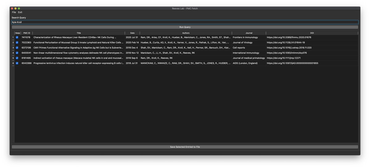 fun little side project I am working on. I run our lab's website and one task is querying PMC for new publications so that they can be added to our website. Working on converting these scripts to a tidy UI so that others can use it as well. Running in Python + PyQt5