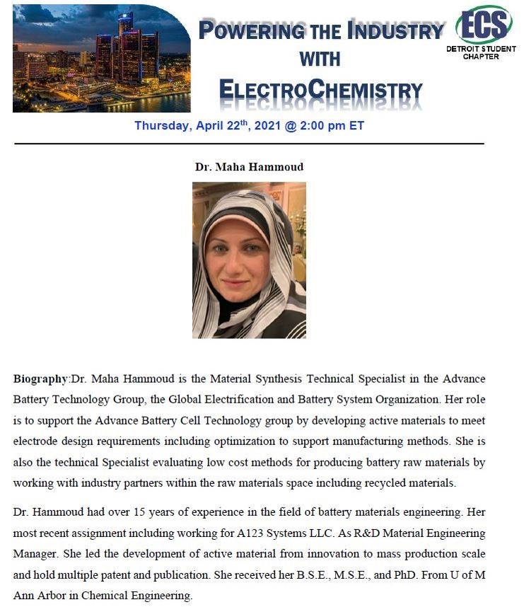 ECS Detroit Student Chapter (@ecs_detroit) on Twitter photo Please join <a href="/ECS_Detroit/">ECS Detroit Student Chapter</a> for the second day of Powering the Industry with Electrochemistry seminar series with Dr Maha Hammoud from General Motors talking on "Global Electrification and Battery systems".
Please kindly register with the link below.
forms.gle/h4Nq7Ca5dkbfwk… Please join <a href="/ECS_Detroit/">ECS Detroit Student Chapter</a> for the second day of Powering the Industry with Electrochemistry seminar series with Dr Maha Hammoud from General Motors talking on "Global Electrification and Battery systems".
Please kindly register with the link below.
forms.gle/h4Nq7Ca5dkbfwk…
