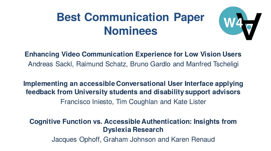 Congratulations to the nominees for Best Communication Paper for #w4a2021! 👏

<a href="/AndreasSackl/">Andreas Sackl</a>, Raimund Schatz, Bruno Gardlo, <a href="/MTschel/">Manfred Tscheligi</a>, <a href="/PacoIniesto/">Francisco Iniesto</a>, @t1mc, <a href="/KateMarburg/">Professor Kate Lister</a>, Jacques Ophoff, Graham Johnson, Karen Renaud

Stay tuned for the awards and closing session at the end of Day 2