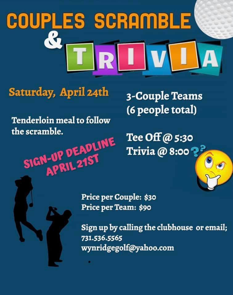 ‼️ONLY 3 DAYS LEFT TO SIGN UP‼️

We are so excited about our first couples scramble of the year and we want you to be apart of it!

If you’d like to sign up or have any questions, give us a call at 731-536-5565 or send us a message! 

Hope to see you Saturday!!🏌🏼‍♂️🏌🏼‍♀️