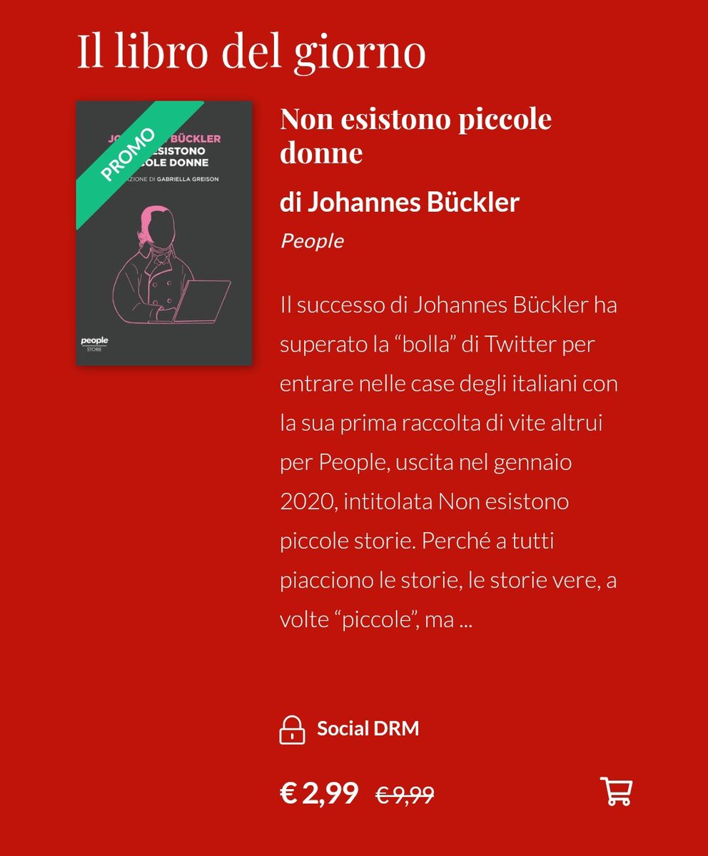 People (@peoplepubit) on Twitter photo Su bookrepublic.it continua la promozione sui nostri #ebook: oggi #19aprile puoi acquistare con un'offerta speciale "Non esistono piccole donne", il secondo libro di <a href="/JohannesBuckler/">Johannes Bückler</a>.
Scoprilo su <a href="/Bookrep/">Bookrepublic</a> o in tutti gli store per l'acquisto di e-book! Su bookrepublic.it continua la promozione sui nostri #ebook: oggi #19aprile puoi acquistare con un'offerta speciale "Non esistono piccole donne", il secondo libro di <a href="/JohannesBuckler/">Johannes Bückler</a>.
Scoprilo su <a href="/Bookrep/">Bookrepublic</a> o in tutti gli store per l'acquisto di e-book!