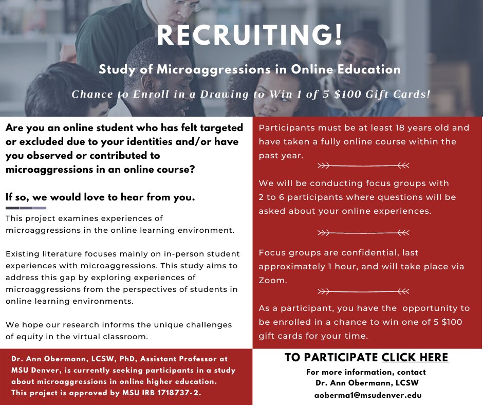 annobermann's tweet photo. Are you an online student who has felt targeted or excluded due to your identities and/or have you observed and/or contributed to microaggressions in an online course? Join our study to explore  microaggressions in online environments:
https://t.co/yPJ1AGubLX https://t.co/BsxMBnqUUX
