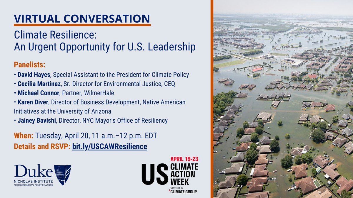 🗓 Remember to join our virtual conversation with resilience leaders at 11 a.m. Tuesday as they discuss the need for a national #ClimateResilience strategy. Hosted by the Resilience Roadmap project as part of #USClimateActionWeek.

Details and RSVP ➡️ bit.ly/USCAWResilience