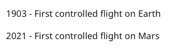 A screenshot that says:

1903 - First controlled flight on Earth
2021 - First controlled flight on Mars