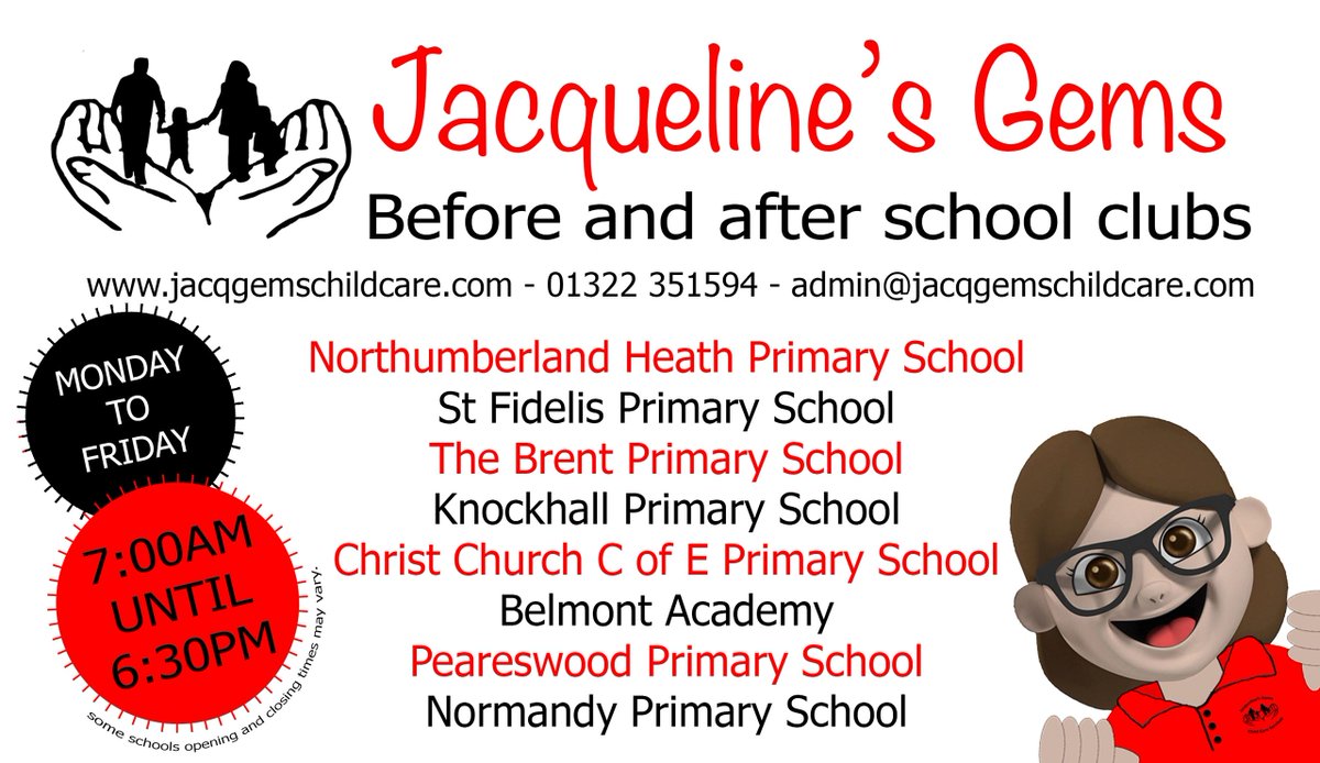 Jacqueline's Gems School Clubs Covering those extra hours you need before and after school! For more information on our school clubs send us an email or call us and we will be happy to help! admin@jacqgemschildcare.com - 01322 351594