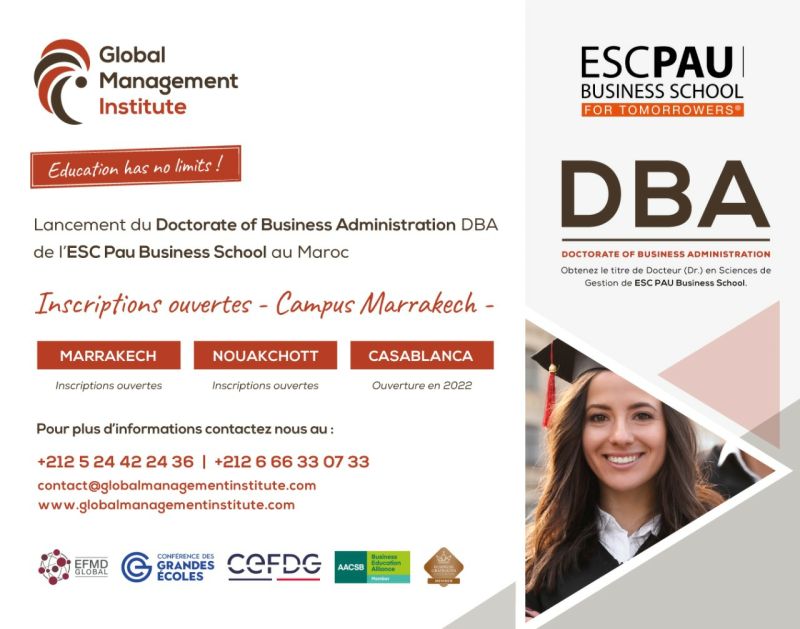 #ESCPauCorporate Nous sommes ravis d'annoncer le lancement du Doctorate of Business Administration de l'ESC PAU BS en partenariat avec le Global Management Institute au Maroc et en Mauritanie. 

Les inscriptions sont ouvertes 👉 gmi-institute.com
#etudes #marrakech #dba