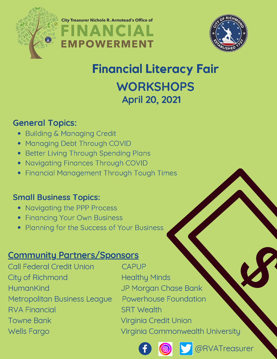 .<a href="/RVATreasurer/">Richmond City Treasurer</a> will host a Financial Literacy Fair tomorrow, Tuesday, April 20th in support of #FinancialLiteracyMonth! Join for an opportunity to learn valuable information about finances during the COVID-19 pandemic. Learn more &amp; register at ow.ly/2v7550Es8ka #WeAreRPS