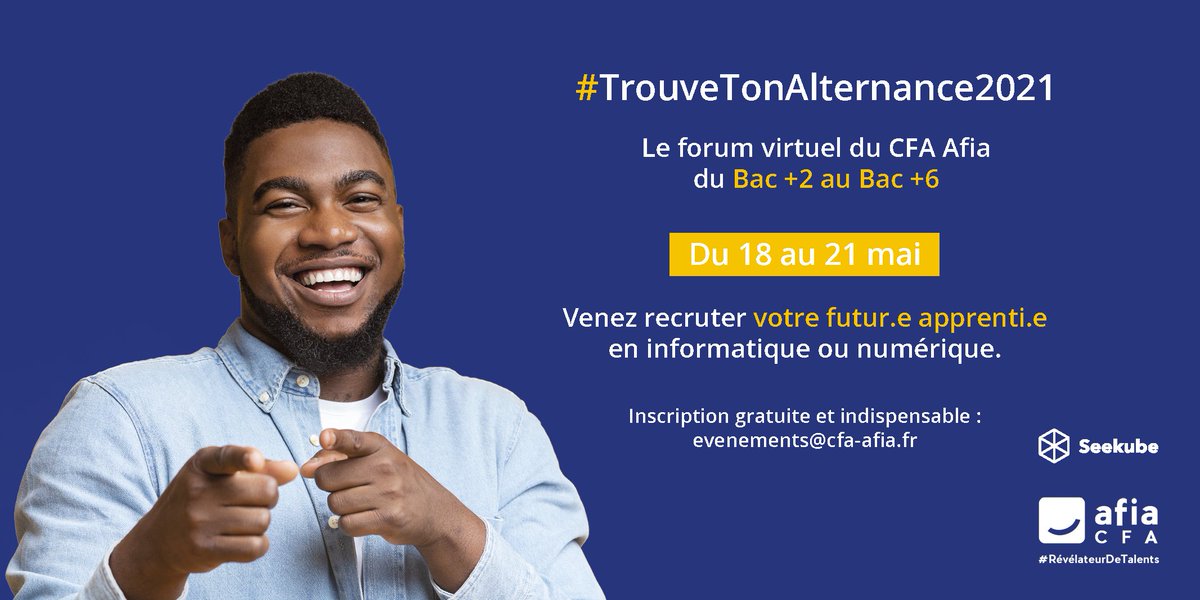 cfanumia's tweet photo. [Forum virtuel #TrouveTonAlternance2021]
Vous recherchez des apprentis de Bac+2 à Bac+6 dans le #numérique ou l'#informatique ?
Le @cfaafia organise son forum virtuel du 18 au 21 mai pour vous permettre de recruter l'un de nos talents !

Inscription ➡️ evenements@cfa-afia.fr https://t.co/XLR1CzikM2