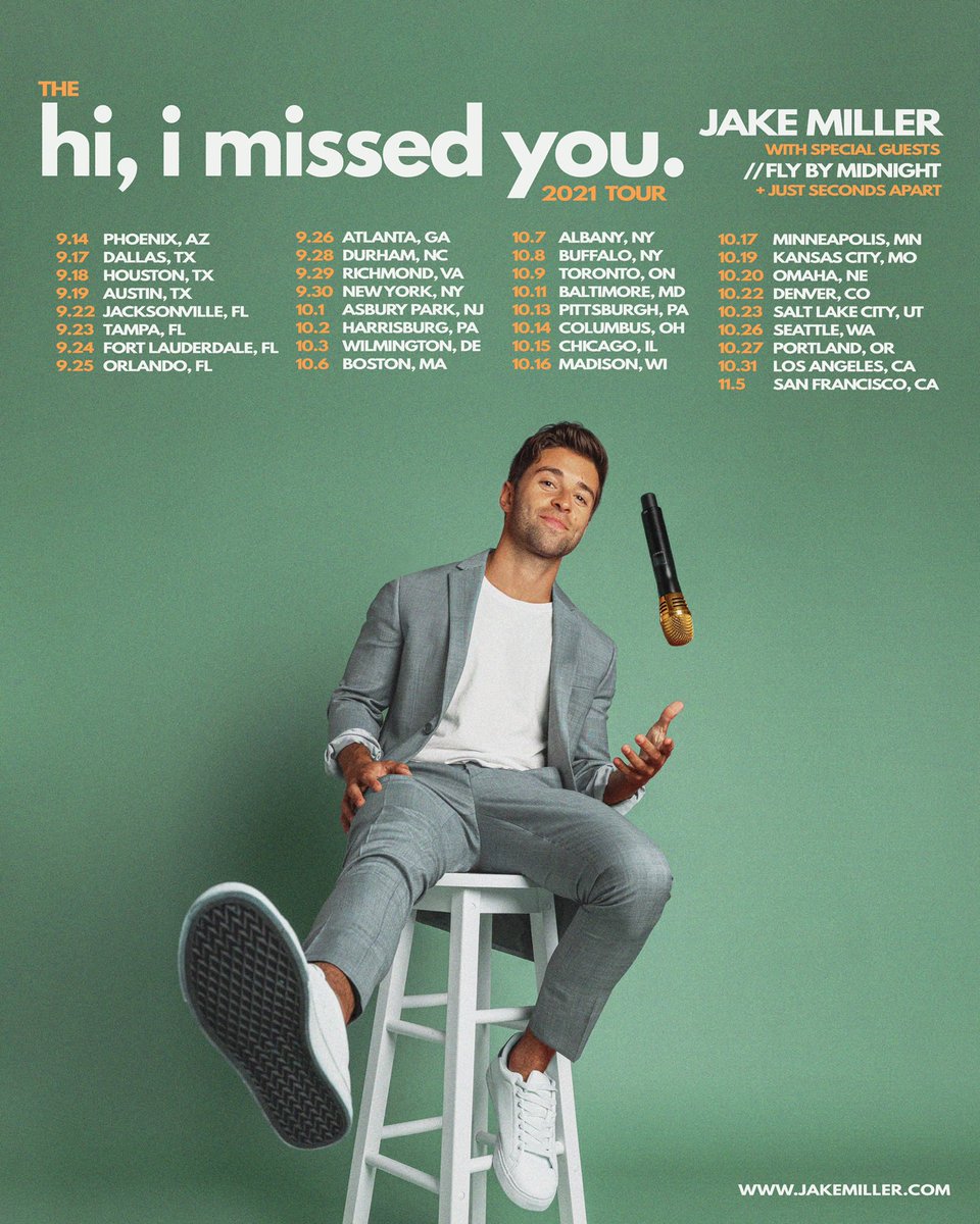 jakemiller's tweet photo. So excited to announce the “hi, i missed you” 2021 tour

Tickets on sale Friday at 10am local time at https://t.co/qGKVno2wa2 https://t.co/5xcCwpHL7F
