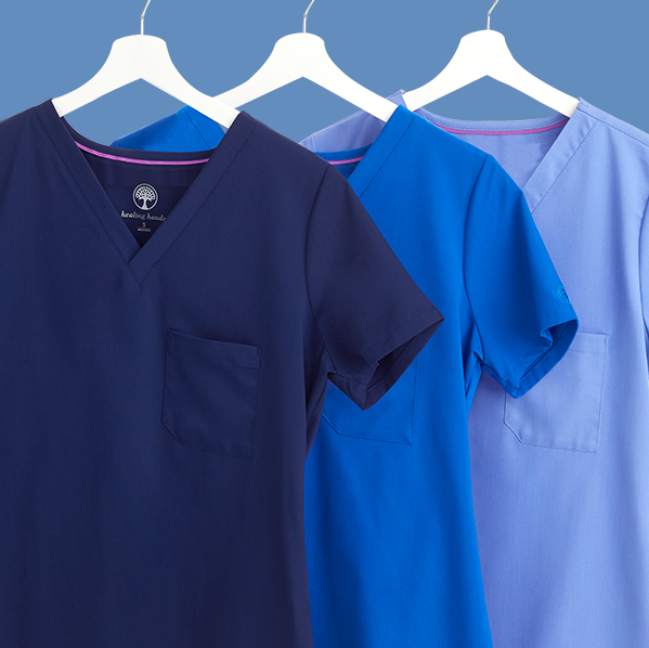 Got the blues? We do! And we're loving our #hhscrubs Jada Top in Navy, Royal and Ceil. This top from our Purple Label collection has a V-neck, chest pocket, and comfy 2-way stretch. #getyourhhs #hhscrublife