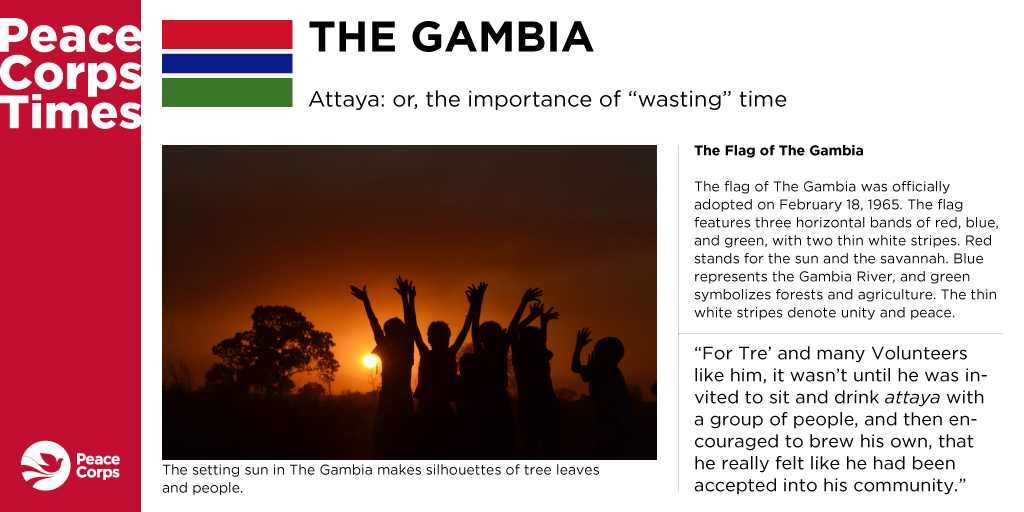 The Peace Corps Times makes a stop in 🇬🇲 The Gambia! Since 1967, this West African nation has welcomed more than 1,977 volunteers who work on projects in Agriculture, Education, and Health.