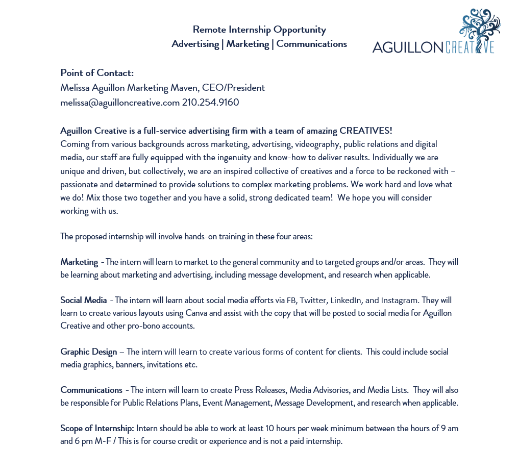 aguilloncreates's tweet photo. Are you a motivated and talented student who loves marketing, communications, branding and beyond?

Aguillon Creative would love to have you as a remote summer intern from May to August ✨

Email your resume to melissa@aguilloncreative.com!

Learn more at https://t.co/MQZqTOAe8s https://t.co/dqmrXTw915