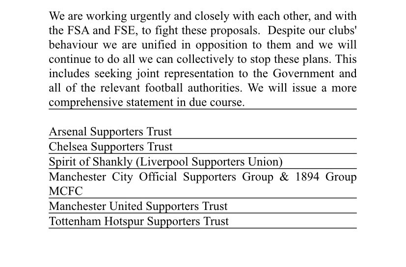 TheOSC1949's tweet photo. A joint statement from The OSC &amp; the supporter groups representing the so called 'Big Six' on #ESL plans

@MU_ST
@AST_arsenal
@THSTOfficial
@WeAre1894
@ChelseaSTrust
@WeAreTheFSA
@FansEurope

#EnoughIsEnough 
#NoToEuropeanSuperLeague https://t.co/QRAYu6twYj