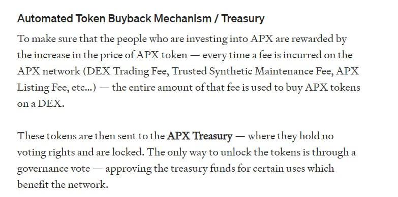 (9/11)Another thing that really interests me is the mechanics of their DEX, which will issue synthetics that are based on APX approved assets (Greenpeace's projects for instance)The platform usage will raise revenue from fees, which will be used to BUYBACK  $aapx tokens