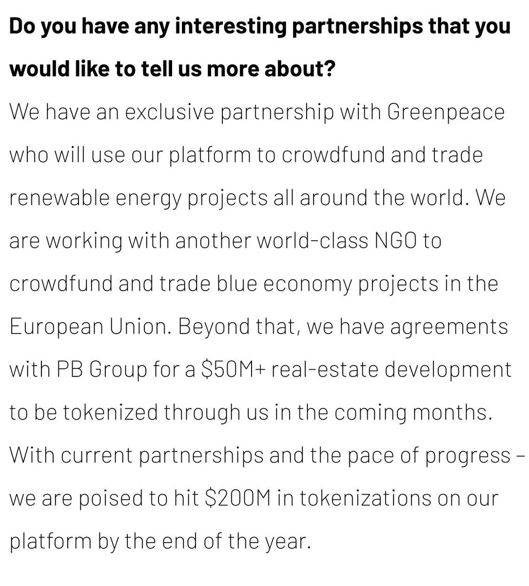 (6/11)They have an exclusive agreement with  @Greenpeace (DAMN)Furthermore they are partnered with Wespa Spaces (commercial real estate, $50 million+), InnoEnergy and many others that are already using the platform