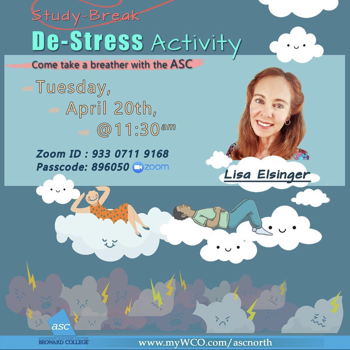 BCCentralSL's tweet photo. Finals are coming! Join us for a Study Break with the ASC and Lisa Elsigner https://t.co/rJb9TTwz1H