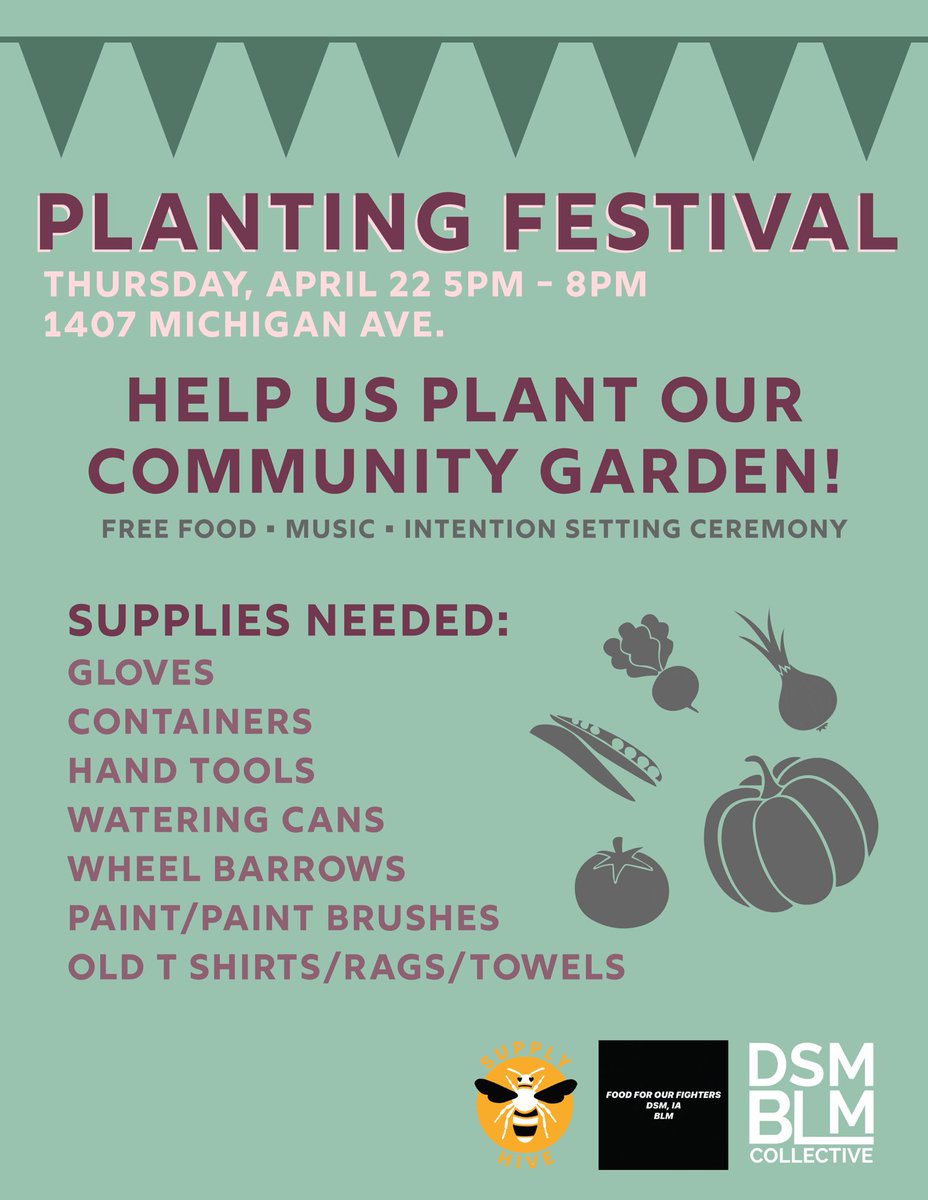 It may be ❄️ outside, but on Thursday we will be planting our community garden. 🥬🌶 
Come join us 5-8pm at 1407 Michigan Ave! Be sure to wear a mask &amp; bring any of the listed supplies, if you can! 
Contact dsmblmfarm@gmail.com with questions.