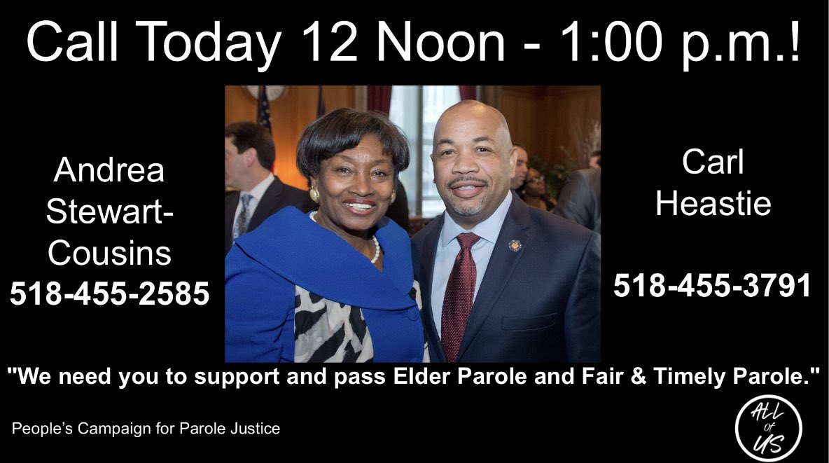 UntitledAndFree's tweet photo. Call today between 12noon-1pm. “We need you to support and pass Elder Parole and Fair & Timely Parole.” #ParoleJusticeNY #ParoleJusticeNow #AllOfUs #UntitledAndFree https://t.co/ll1wznEFqX