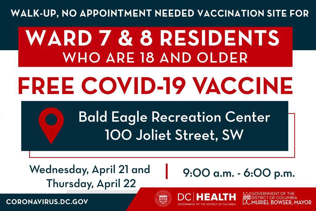 Ward 7 &amp; 8 residents — you can walk up and receive a free #COVID19 vaccine this Wednesday and Thursday. No appointment necessary. 

#DCHOPE