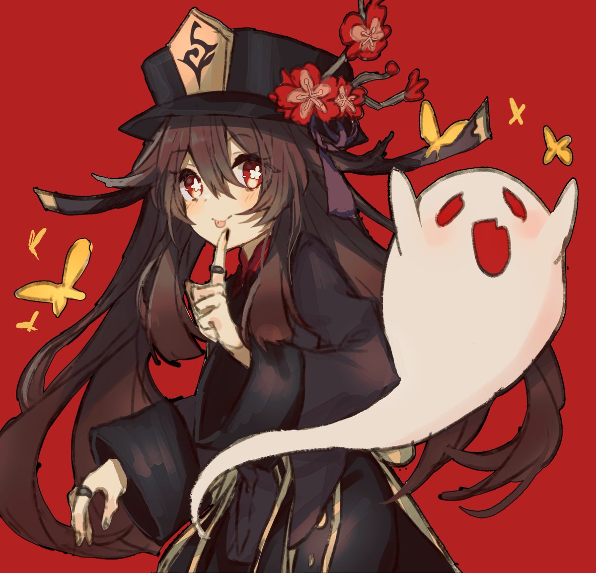 hu tao (genshin impact) 1girl ghost hat red background flower red eyes tongue  illustration images