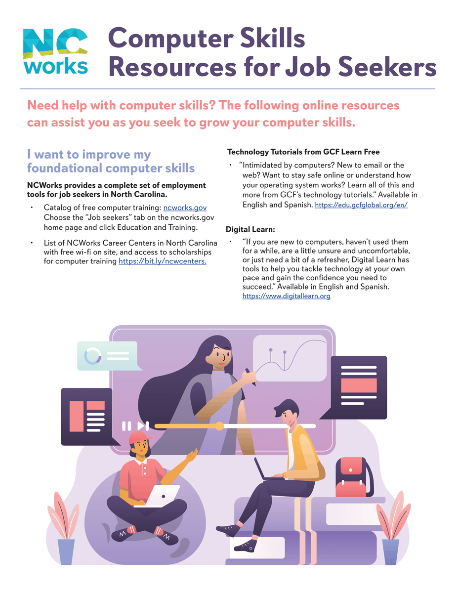 NCWorksDRM's tweet image. Computer Skills Resources for Job Seekers

Need help with computer skills? The following online resources can assist you as you seek to grow your computer skills.

(See flyer for learning opportunities) #computerskills #onlinelearningresources