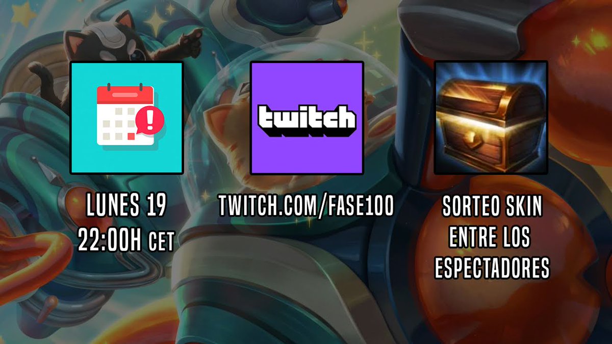 laFase100's tweet photo. ¿Quieres ganar una skin de #LeagueOfLegends? Esta noche, a partir de las 22:00 en nuestro canal de Twitch https://t.co/GcjFQcFBzW, sortearemos una entre los que estéis en el chat y otra entre los que habéis comentado en la guía definitiva de Space Groove: https://t.co/W3EGuojcgU https://t.co/u6UKpF8TJY