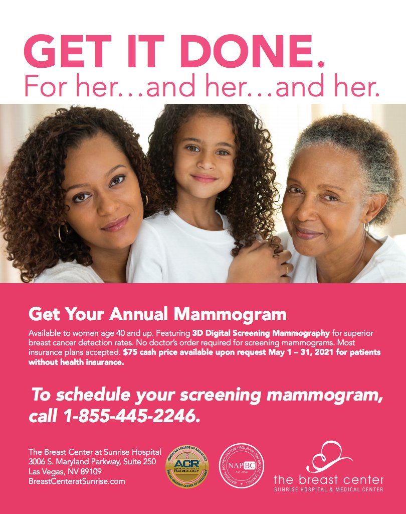 Nevada Cancer Coalition (@nvcancer) on Twitter photo Due for a screening mammogram and in the Las Vegas area? If you're uninsured, now's the time to schedule with <a href="/SunriseLasVegas/">Sunrise Hospital</a>. They're offering $75 cash pay for 3D screening mammograms throughout the month of May. Call 1-855-445-2246 to schedule. Due for a screening mammogram and in the Las Vegas area? If you're uninsured, now's the time to schedule with <a href="/SunriseLasVegas/">Sunrise Hospital</a>. They're offering $75 cash pay for 3D screening mammograms throughout the month of May. Call 1-855-445-2246 to schedule.