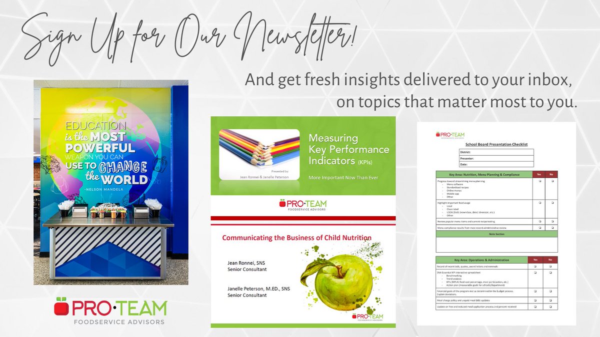 We share fresh #schoolnutrition insights on topics that matter most to you through our monthly newsletter. Sign up on our contact us page. proteamadvisors.com/contact