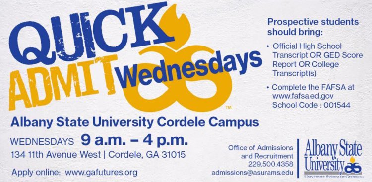 You can NOW register for Quick Admit Wednesday! Bring your transcript(s) and click on the link below to register!
bit.ly/3v1X9td