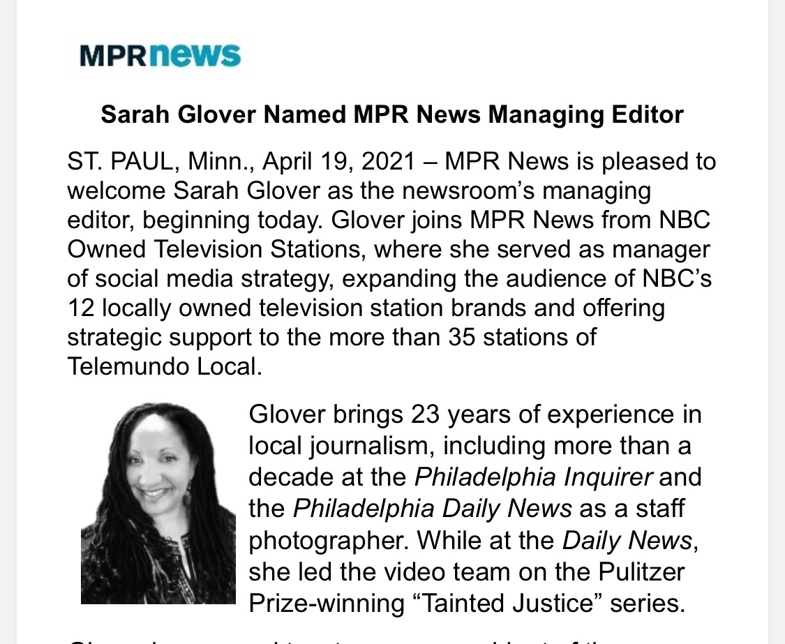 Some personal news... I am excited to be named managing editor of @MPRNews and to work with a talented team of journalists in the Twin Cities and beyond. I’m here to serve all the citizens of Minnesota #letsdothis 💥 mpr.org/stories/2021/0…
