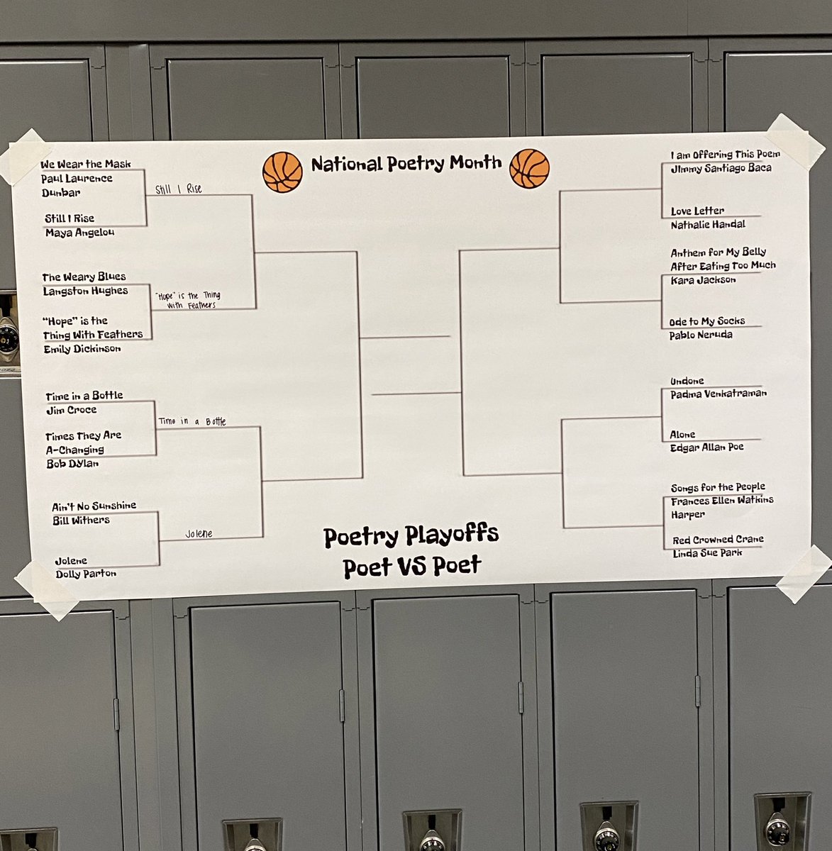 MorelandNFHS's tweet photo. Week 1 of Poetry Playoffs are complete! We had some upsets in our bracket challenge 😳

Stay tuned to see how Week 2 plays out! #Educate #NationalPoetryMonth https://t.co/Iwr53Lz9tV