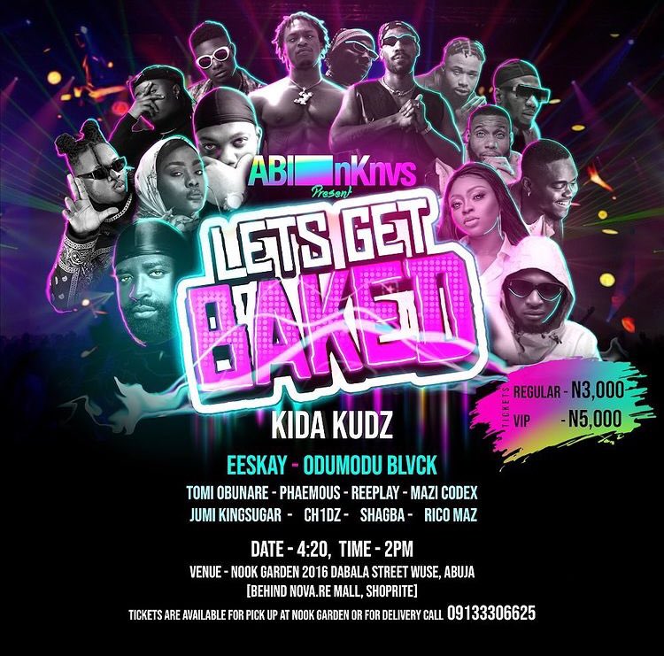 abjxlagosevents's tweet photo. #AbujaTwitterCommunity - Tomorrow is 4:20 - So Lets Get Baked!

Performances from your faves, a live HotBox, outdoor games, Puff &amp; Paint, Tattoos &amp; Piercings, the best edibles in the ‘Buj and much more. Stoners... Assemble! 😤

For more info, DM @bisforbaked https://t.co/ngtMT5wBD2