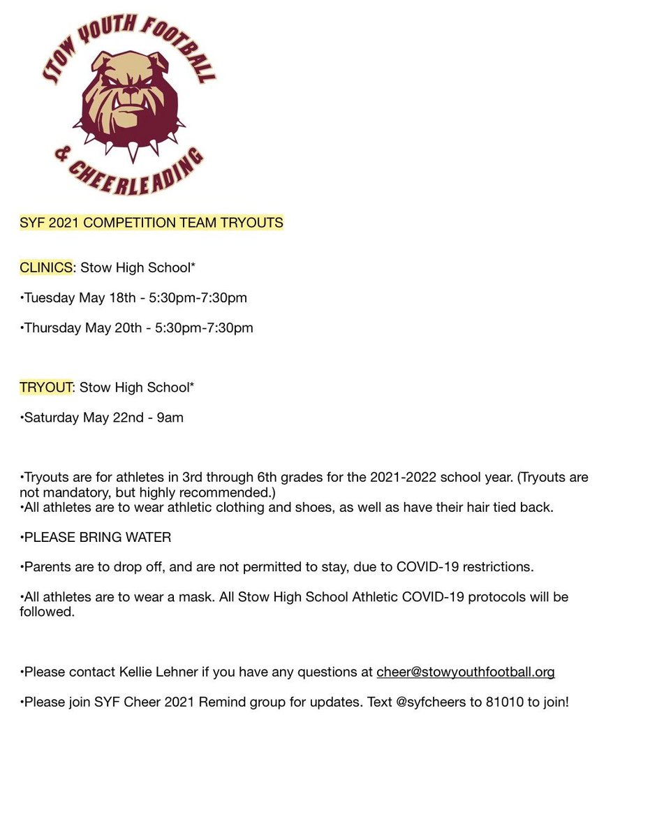 SYFCBulldogs's tweet photo. SYFC 2021 Competition Team Clinics &amp; Tryouts - If you have any questions contact Kellie Lehner at 
 cheer@stowyouthfootball.org and text @syfcheers to 81010 for group updates #WEALLDAWGS @StowCheer @SMFBoosters @SMFSchools @Kellie_L_ @shonchristy @stowsentry @StowPatch https://t.co/cOwe9TkiR9