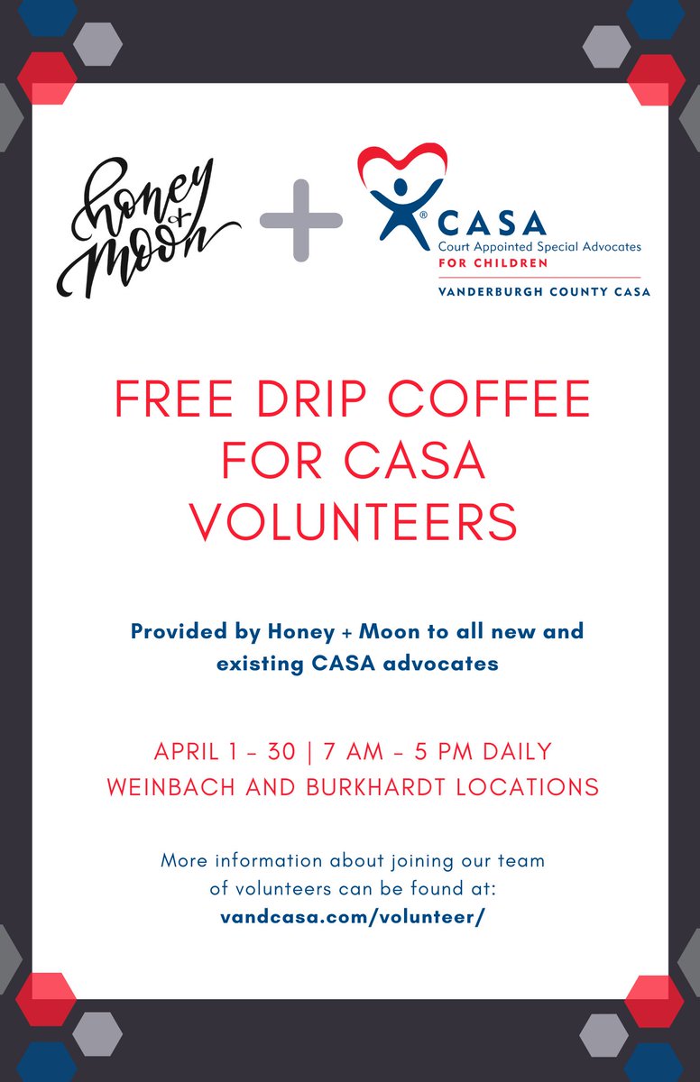 Thank you for partnering with us @honeymooncoffee by providing free coffee to our CASA Volunteers! ☕