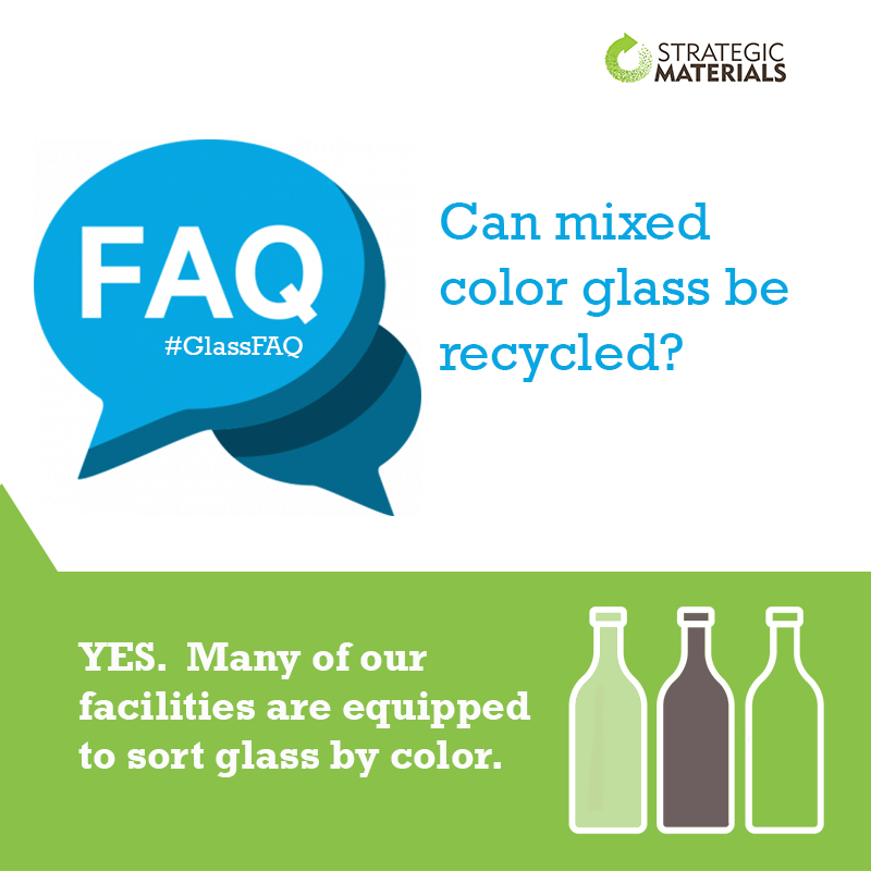 Can mixed color #glass be recycled?  Yes! Many of our facilities are equipped to sort glass by color.  There are some cases where color-sorted glass may have more value, but it's not required.

#glassfaq #recycling #glassrecycling #recycleright #chooseglass #reduceswaste #recycle