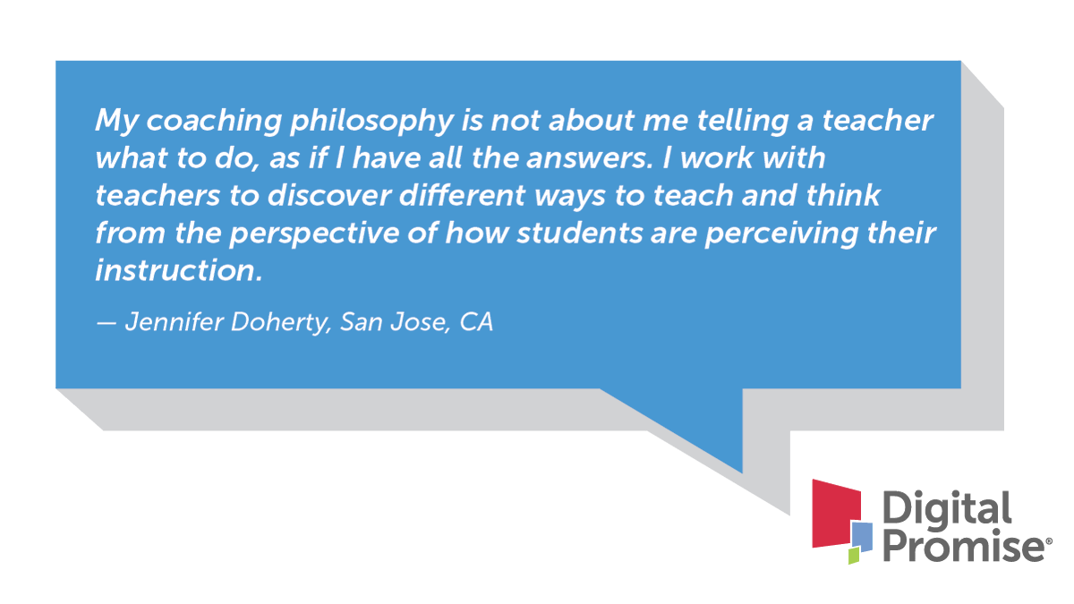 DigitalPromise's tweet photo. Jennifer Doherty, a #CoachPLC member from California, says she doesn’t have all the answers, but she works with teachers to discover new ways of thinking. #educoach https://t.co/Im4RaYeYAK