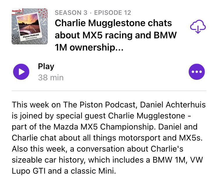 The Piston Podcast (@pistonpodcast) on Twitter photo Good news! There’s a new TPP episode out. This time, <a href="/DanielCars05/">Daniel Achterhuis 🚗</a> chats with MX-5 racing driver Charlie Mugglestone. They chat about racing and about Charlie’s extensive car collection, which includes a Porsche 996, BMW 1M and an ND MX-5. Good news! There’s a new TPP episode out. This time, <a href="/DanielCars05/">Daniel Achterhuis 🚗</a> chats with MX-5 racing driver Charlie Mugglestone. They chat about racing and about Charlie’s extensive car collection, which includes a Porsche 996, BMW 1M and an ND MX-5.