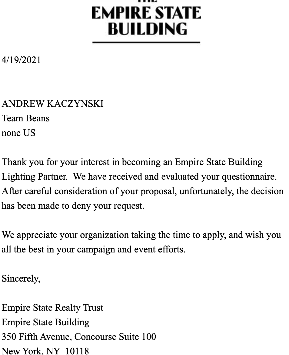 KFILE's tweet photo. We just learned the Empire State Building DENIED our request to light up gold for Childhood Cancer Awareness in September. 

I've followed up with @EmpireStateBldg to ask why. 

Obviously this is very disappointing. https://t.co/Y1phlUJVyC