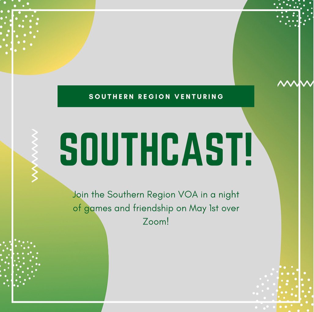 Join us on May 1st for the third and final Southern Region SouthCast event! It will be a night of games and getting to know other Venturers in the Southern Region.