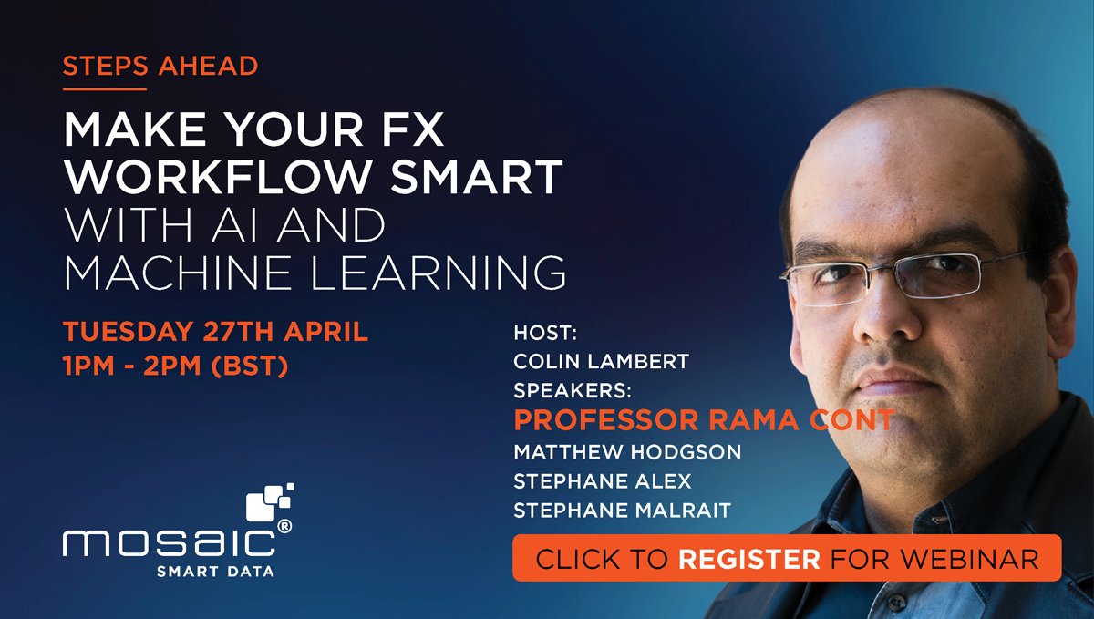 Join our webinar and learn from an expert panel how to use AI and machine learning to optimise the whole FX workflow, from pre- and post-trade analysis to trade execution, risk management and reporting.

Click to register today: eventbrite.co.uk/e/artificial-i…
