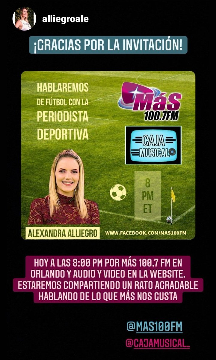 Hoy desde las 8:05 pm ET hablaremos de la actualidad del fútbol Mundial y mucho mas junto a <a href="/AlliegroAle/">Alexandra Alliegro</a> por Mas 100.7 FM (Orlando) y facebook.com/mas100fm