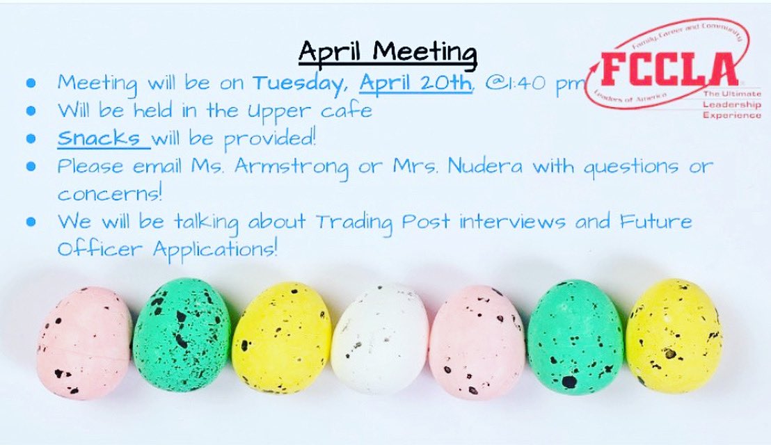 The FCCLA April Meeting is tomorrow! Check out the flyer down below for the details! Hope to see you all there! #Aprilmeeting #April20th #APRIL #FCCLA #WAHS