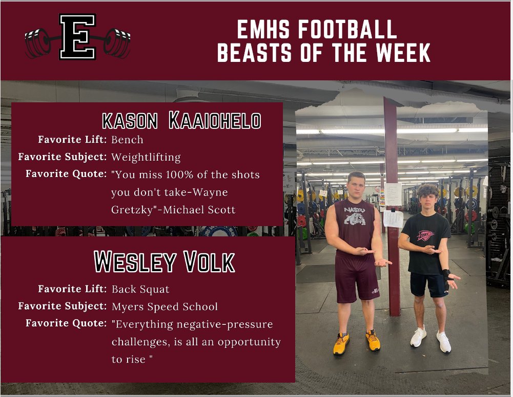 emhsStrength's tweet image. Last weeks 1st Hour Beast of the Week. The first two guys are showing what it means to still work when set backs happen. The second two is our first brother duo to take honor in the same week and are always pushing themselves to the limit @emhsbulldogs @goemhsathletics