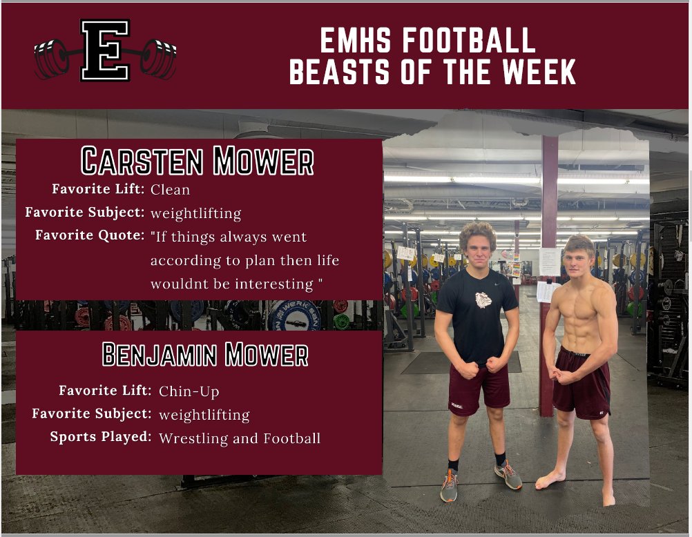 emhsStrength's tweet image. Last weeks 1st Hour Beast of the Week. The first two guys are showing what it means to still work when set backs happen. The second two is our first brother duo to take honor in the same week and are always pushing themselves to the limit @emhsbulldogs @goemhsathletics