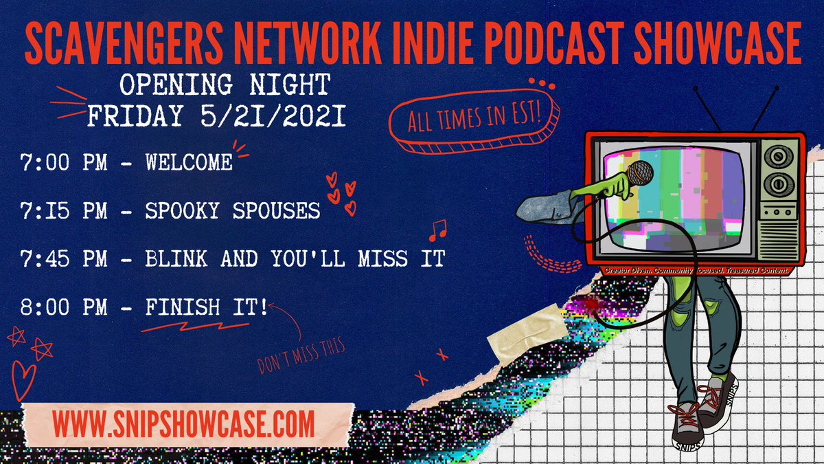 ScavengersNet's tweet photo. Announcing the schedule for the first Scavengers Network Indie Podcast Showcase! Check out the times below and come find your next favorite show (spoiler: you'll fall in love with all of them) FREE and live at https://t.co/RenR1j36JW and https://t.co/OQM66arKWb https://t.co/MvPJfGlhrD