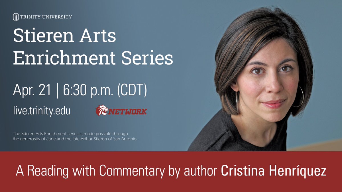 A friendly reminder that Christina Henríquez will be here this Wednesday! Please join us for a reading on Wednesday April 21 at 6:30pm. This event is hosted as a part of the Stieren Arts Enrichment Series. We hope to see you there!