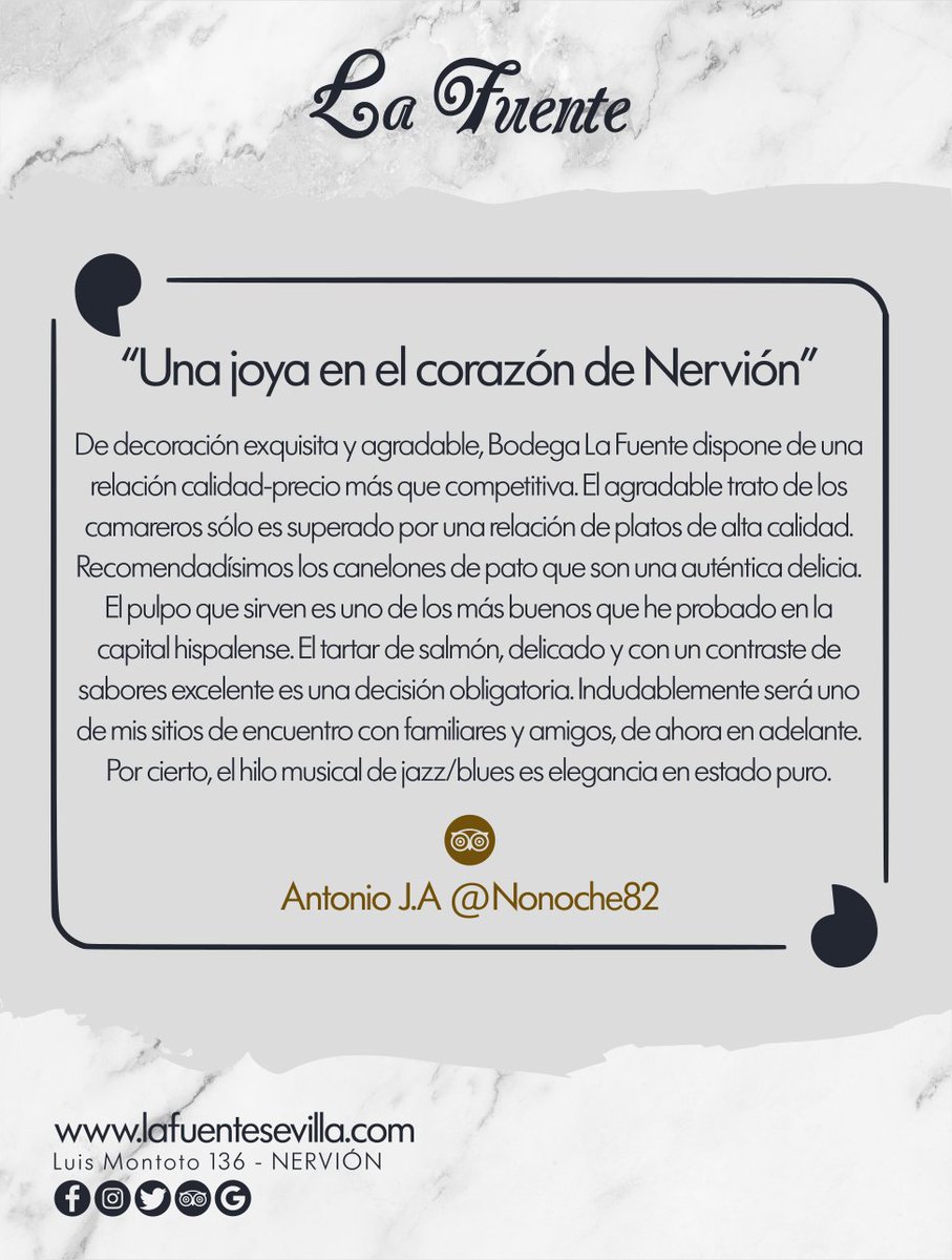 ¡Gracias por vuestras palabras! Nos llenan de energías para seguir adelante 💪💪💪

<a href="/BodegaLaFuente/">Bodega La Fuente</a>
📍 Luis Montoto, 136
⏰ 𝗛𝗢𝗥𝗔𝗥𝗜𝗢 Lunes a viernes 08:00 a 16:30 / Sábado y domingo 13:00 a 18:00
lafuentesevilla.com