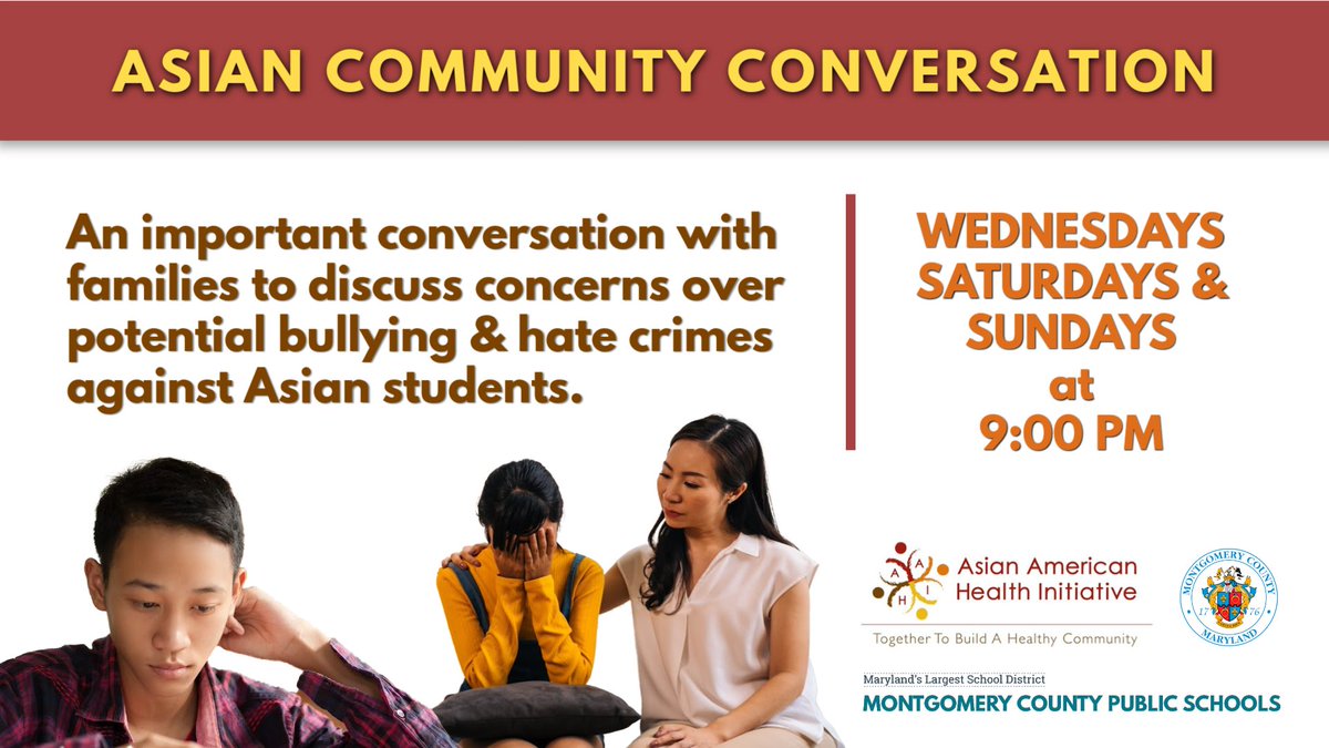 MCPS-TV (@mcpstv) on Twitter photo Catch a replay of the joint <a href="/MontgomeryCoMD/">Montgomery County MD Government</a>, <a href="/AAHI_Info/">Asian American Health Initiative (AAHI)</a> & <a href="/MCPS/">MCPS</a> community conversation with parents of Asian American students concerned about potential bullying, bias and hate/violence against their children. Comcast 34, Verizon 36, RCN 89. Saturdays & Sundays at 9 p.m. Catch a replay of the joint <a href="/MontgomeryCoMD/">Montgomery County MD Government</a>, <a href="/AAHI_Info/">Asian American Health Initiative (AAHI)</a> & <a href="/MCPS/">MCPS</a> community conversation with parents of Asian American students concerned about potential bullying, bias and hate/violence against their children. Comcast 34, Verizon 36, RCN 89. Saturdays & Sundays at 9 p.m.